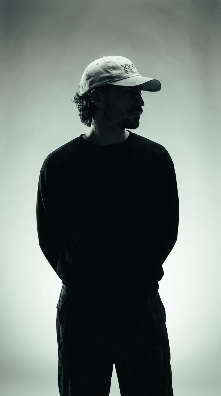 Victor Hotz de boné e roupa preta, em um retrato de perfil sobre fundo claro.